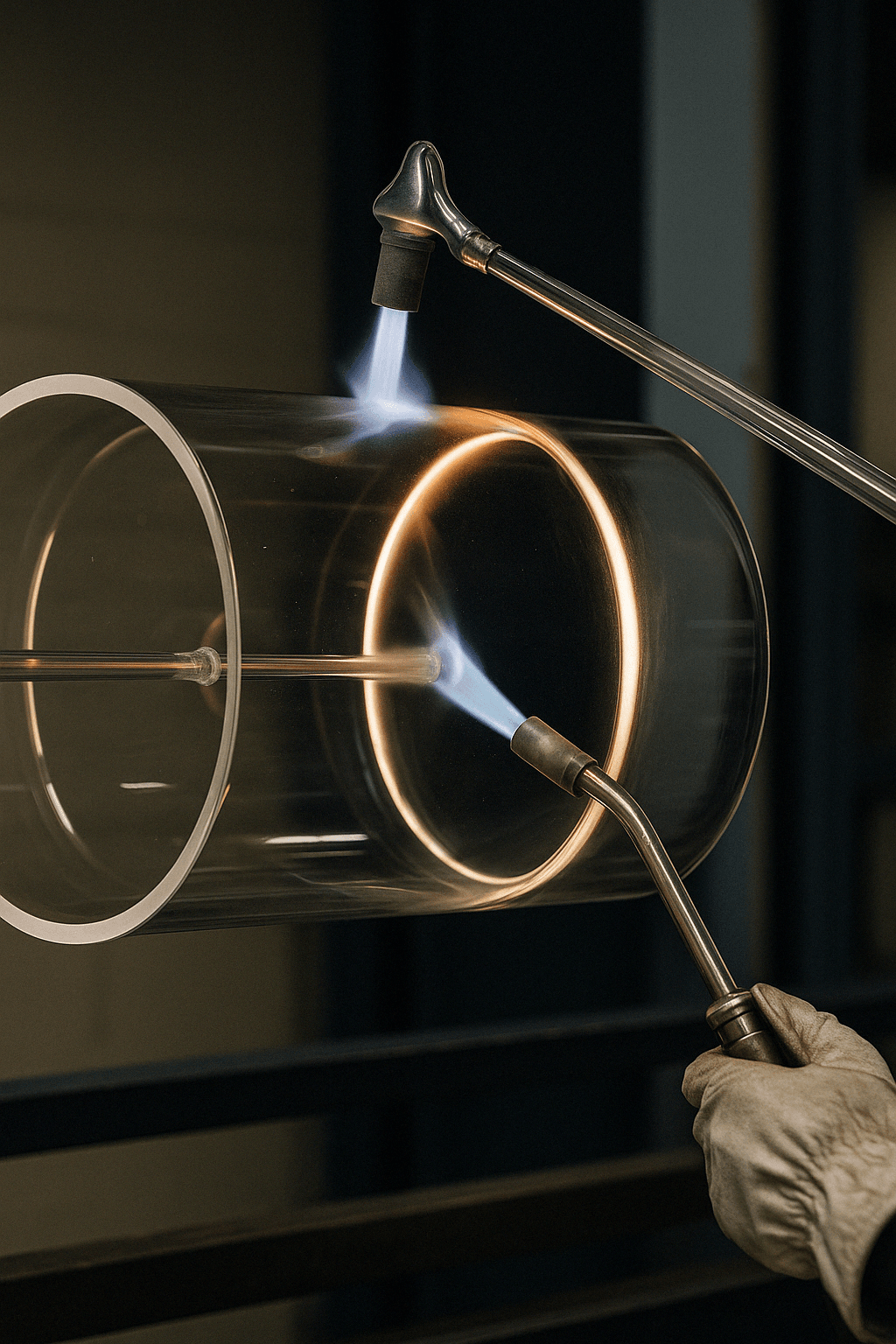 Two torches applying intense blue flames to a large cylindrical glass tube, likely during a glassblowing or industrial glass-forming process.