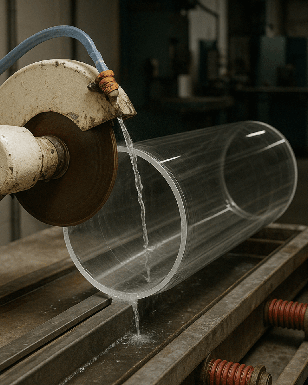 A circular saw with water cooling cuts through a large transparent acrylic or polycarbonate tube in an industrial workshop setting.