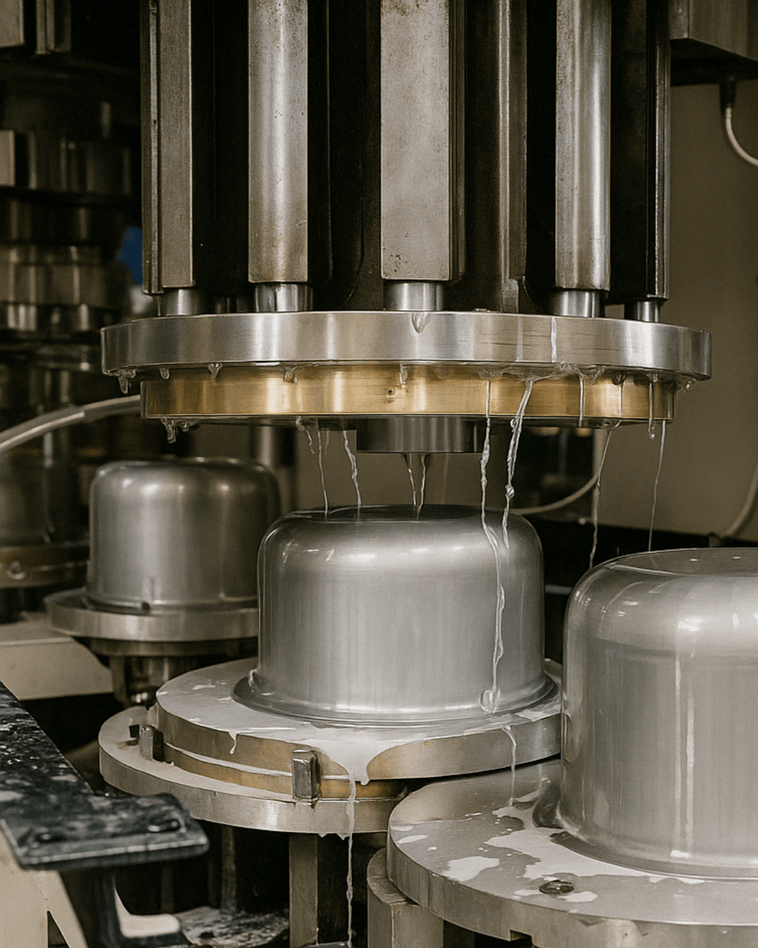 Industrial metal forming machine pressing aluminum cookware with lubricant fluid dripping during the manufacturing process.