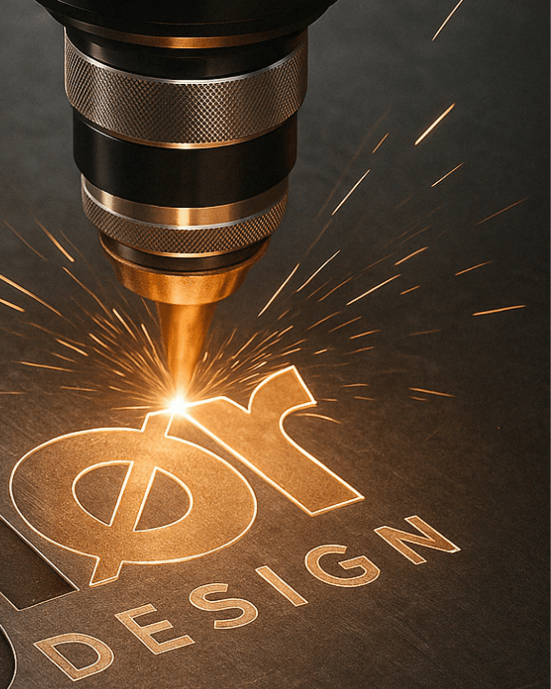 Laser engraving machine etching the wordDESIGN" and a stylized logo onto a metal surface with bright sparks flying.