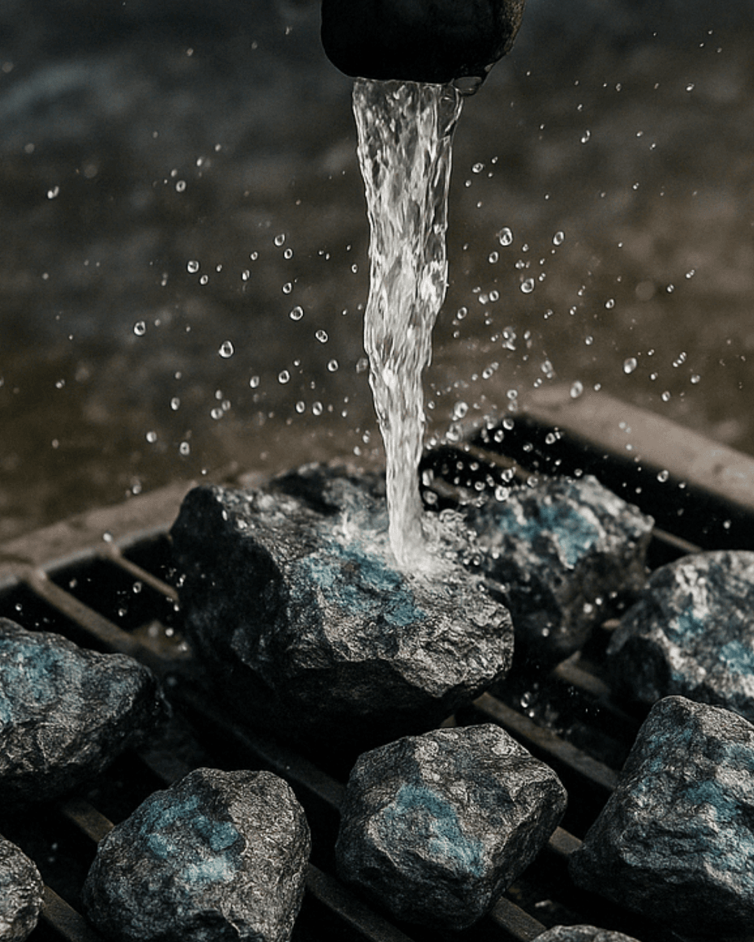 Water pouring onto dark rocks with blue mineral deposits, causing splashes and droplets, over a metal grate background.