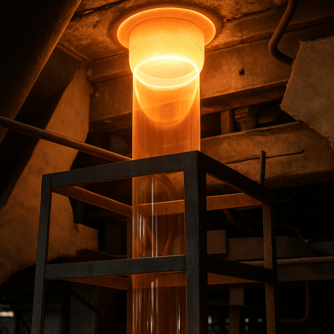 Molten glass being formed into a cylindrical shape through a vertical casting process in an industrial glass manufacturing facility.