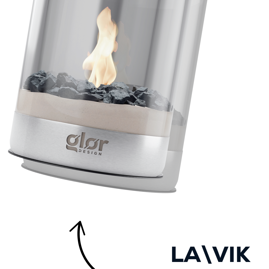 Sleek LA\VIK interior fireplace with modern glass and stone design.