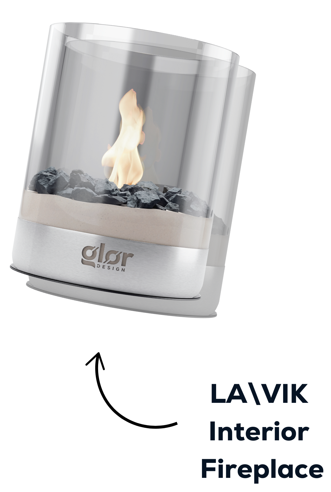 Sleek LA\VIK interior fireplace with modern glass and stone design.