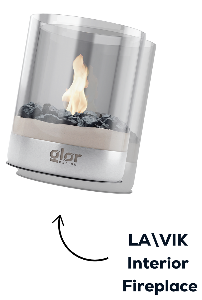 Sleek LA\VIK interior fireplace with modern glass and stone design.