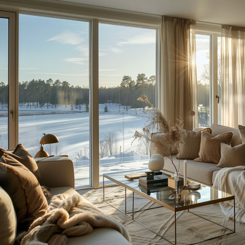 Elegant Nordic living room with cozy decor and snowy forest view.