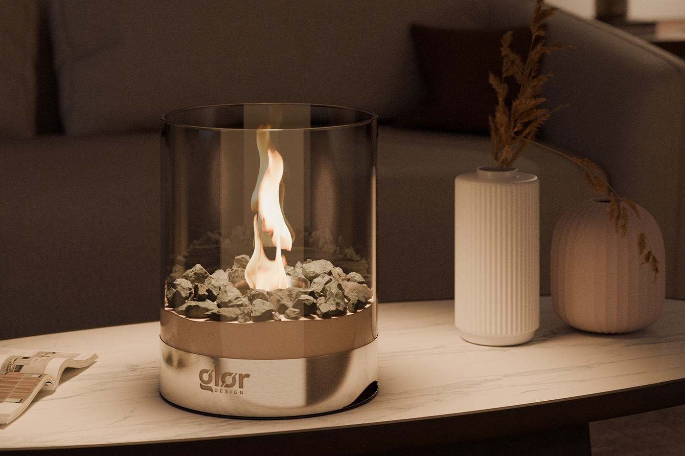 Modern ethanol fireplace with clean flame on a stylish coffee table indoors.