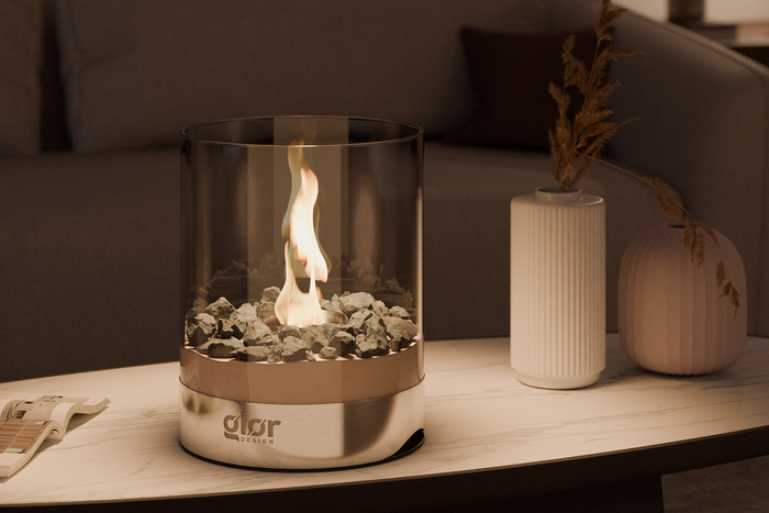 Modern ethanol fireplace with clean flame on a stylish coffee table indoors.