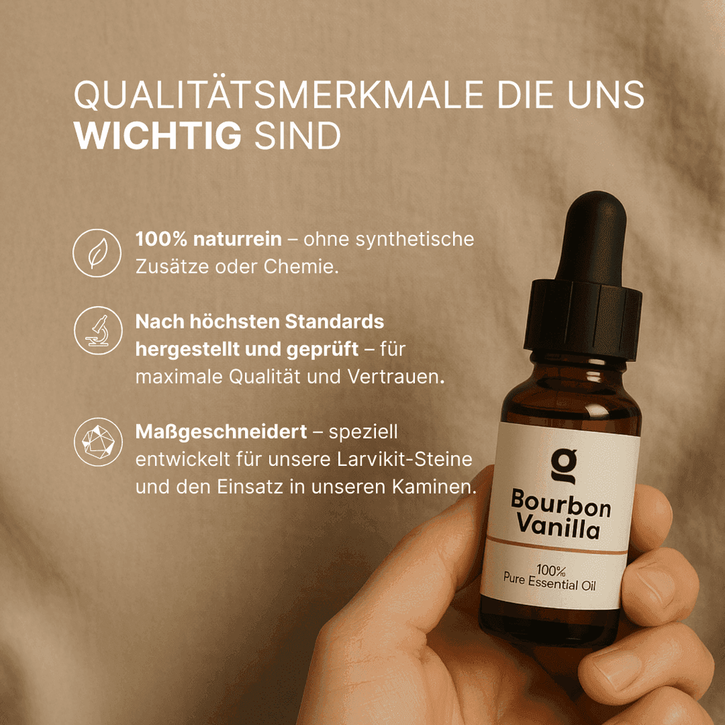 Fragrance Collection (3x) Bourbon Vanilla oil highlighted for its 100% natural ingredients and compatibility with Larvikit stones.