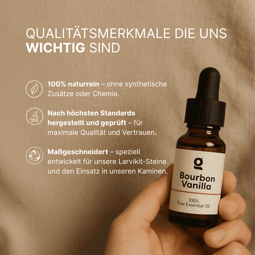 Fragrance Collection (3x) Bourbon Vanilla oil highlighted for its 100% natural ingredients and compatibility with Larvikit stones.