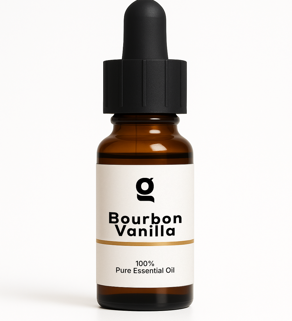 Fragrance Oil Bourbon Vanilla in amber glass dropper bottle, 100% pure essential oil for personal care and aromatherapy use.