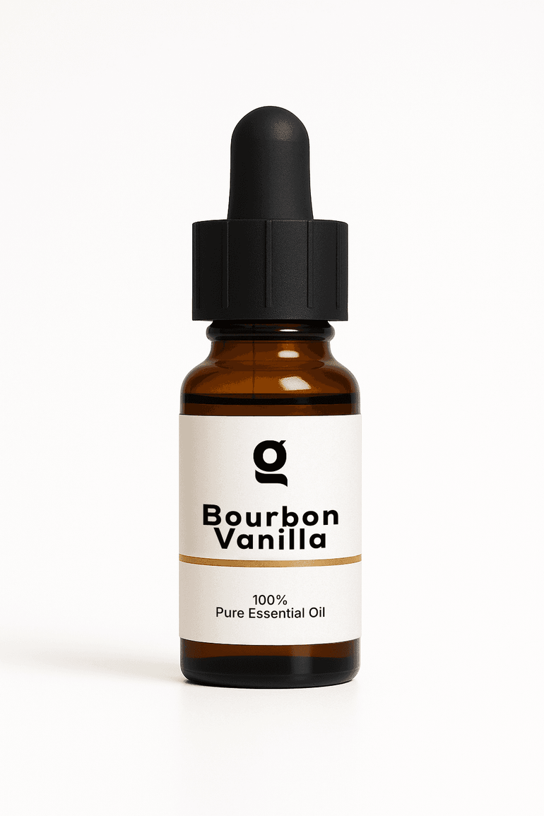 Fragrance Oil Bourbon Vanilla in amber glass dropper bottle, 100% pure essential oil for personal care and aromatherapy use.
