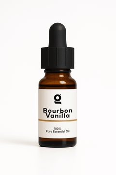 Fragrance Oil Bourbon Vanilla in amber glass dropper bottle, 100% pure essential oil for personal care and aromatherapy use.