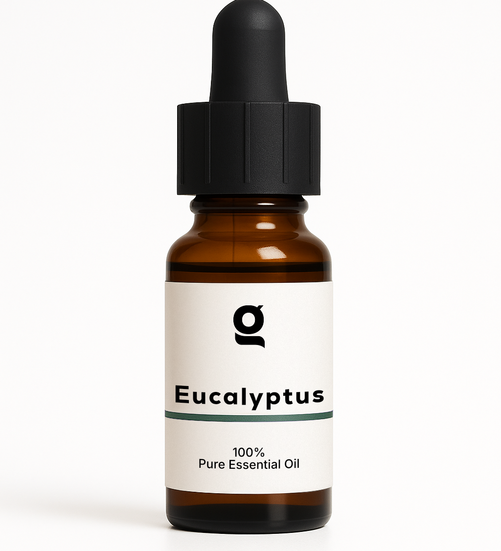 Fragrance Oil bottle labeled Eucalyptus, 100% pure essential oil for personal care and aromatherapy use in perfumes and colognes.