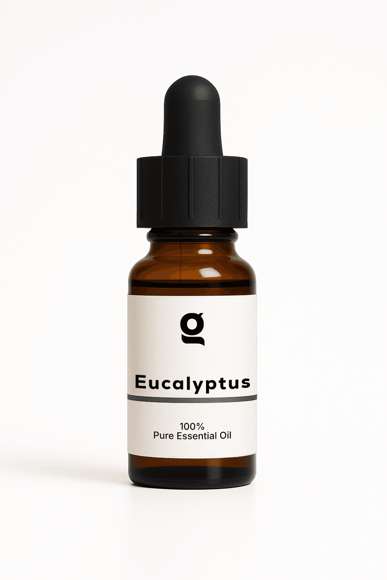 Fragrance Oil bottle labeled Eucalyptus, 100% pure essential oil for personal care and aromatherapy use in perfumes and colognes.