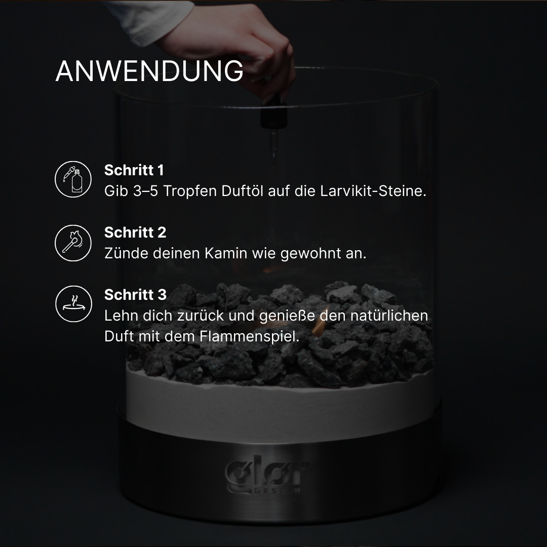 Fragrance Collection (3x) application guide showing how to add essential oil drops to Larvikit stones before lighting the fireplace.