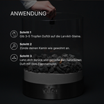Fragrance Collection (3x) application guide showing how to add essential oil drops to Larvikit stones before lighting the fireplace.
