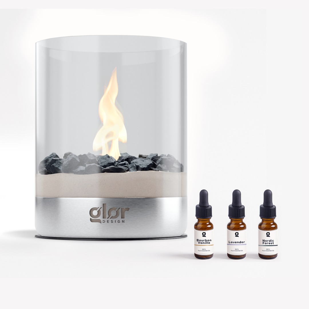 Ritual-Set with tabletop fire pit and three essential oil bottles for scent diffusion. Ideal for creating a calming Duft atmosphere at home.