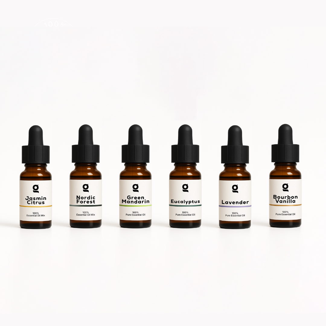 Fragrance Collection (3x) with six essential oils including Jasmine Citrus, Nordic Forest, and Bourbon Vanilla in amber dropper bottles.