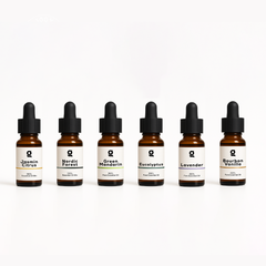 Fragrance Collection (3x) with six essential oils including Jasmine Citrus, Nordic Forest, and Bourbon Vanilla in amber dropper bottles.