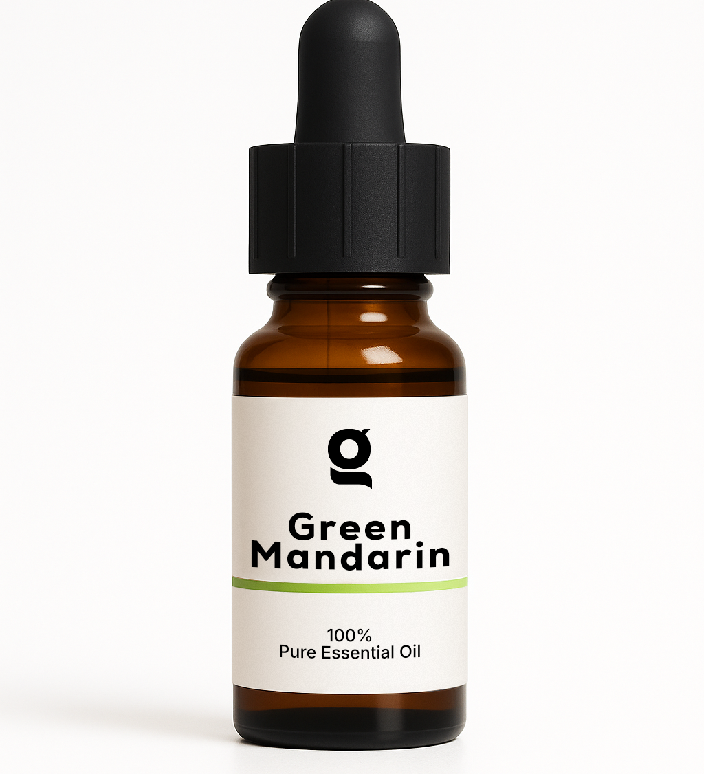 Fragrance Oil Green Mandarin in amber glass dropper bottle labeled 100% Pure Essential Oil, ideal for personal care and aromatherapy use.