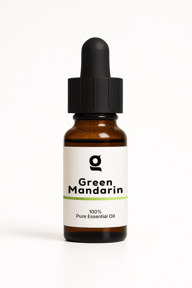 Fragrance Oil Green Mandarin in amber glass dropper bottle labeled 100% Pure Essential Oil, ideal for personal care and aromatherapy use.