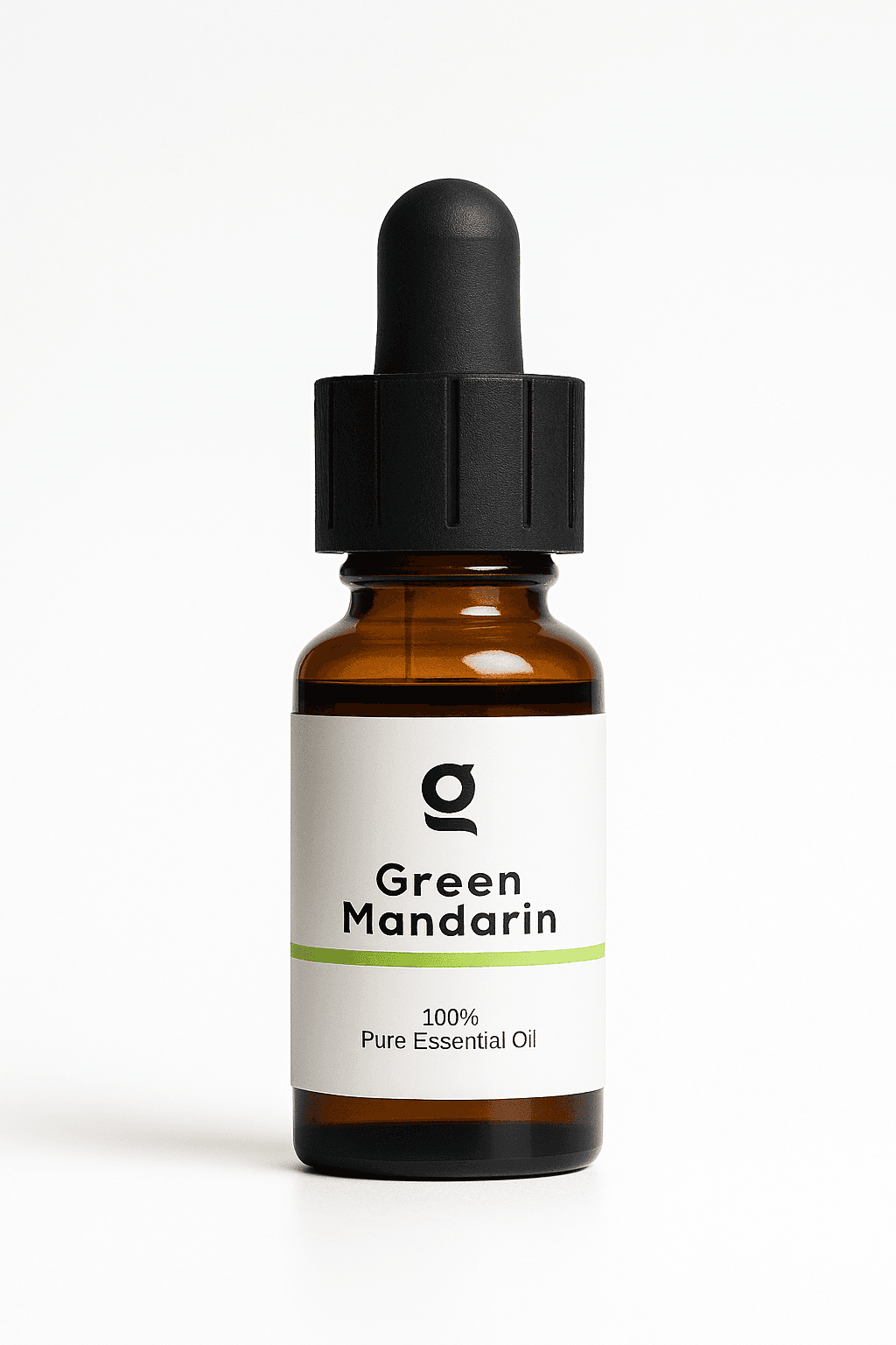 Amber glass dropper bottle labeledGreen Mandarin" 100% pure essential oil with a minimalist white label and black cap.