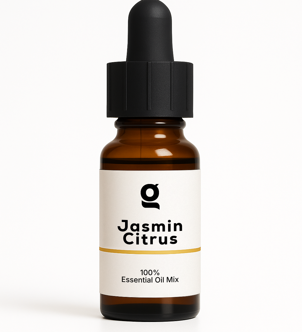 Fragrance Oil bottle labeled Jasmin Citrus, 100% essential oil mix for personal care and aromatherapy use in perfumes and colognes.