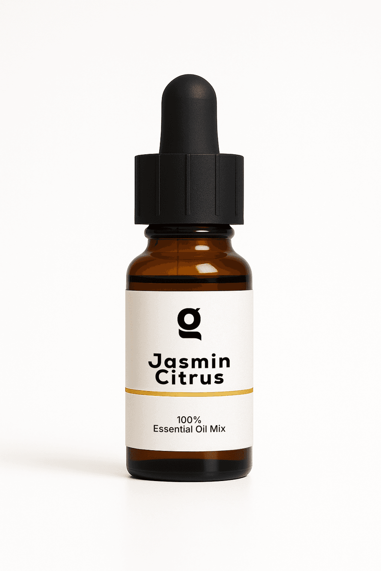 Fragrance Oil bottle labeled Jasmin Citrus, 100% essential oil mix for personal care and aromatherapy use in perfumes and colognes.