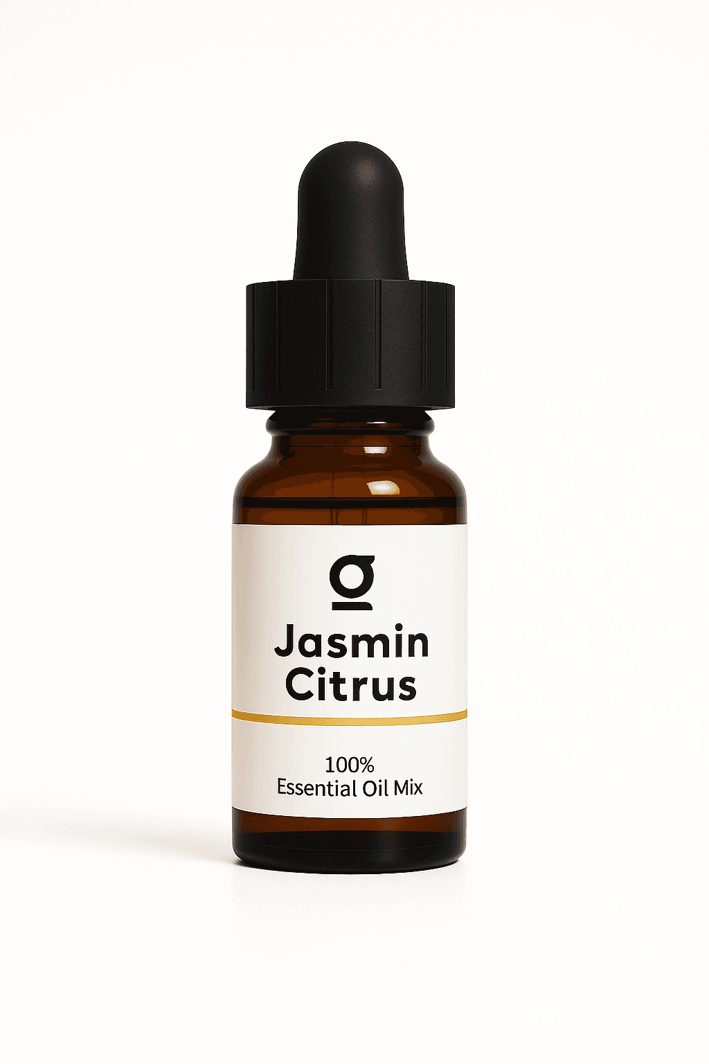 Amber glass dropper bottle labeledJasmin Citrus 100% Essential Oil Mix" with a black cap and minimalist white label design.