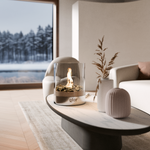 LA\VIK bioethanol fireplace on coffee table  in front of a snowy window.