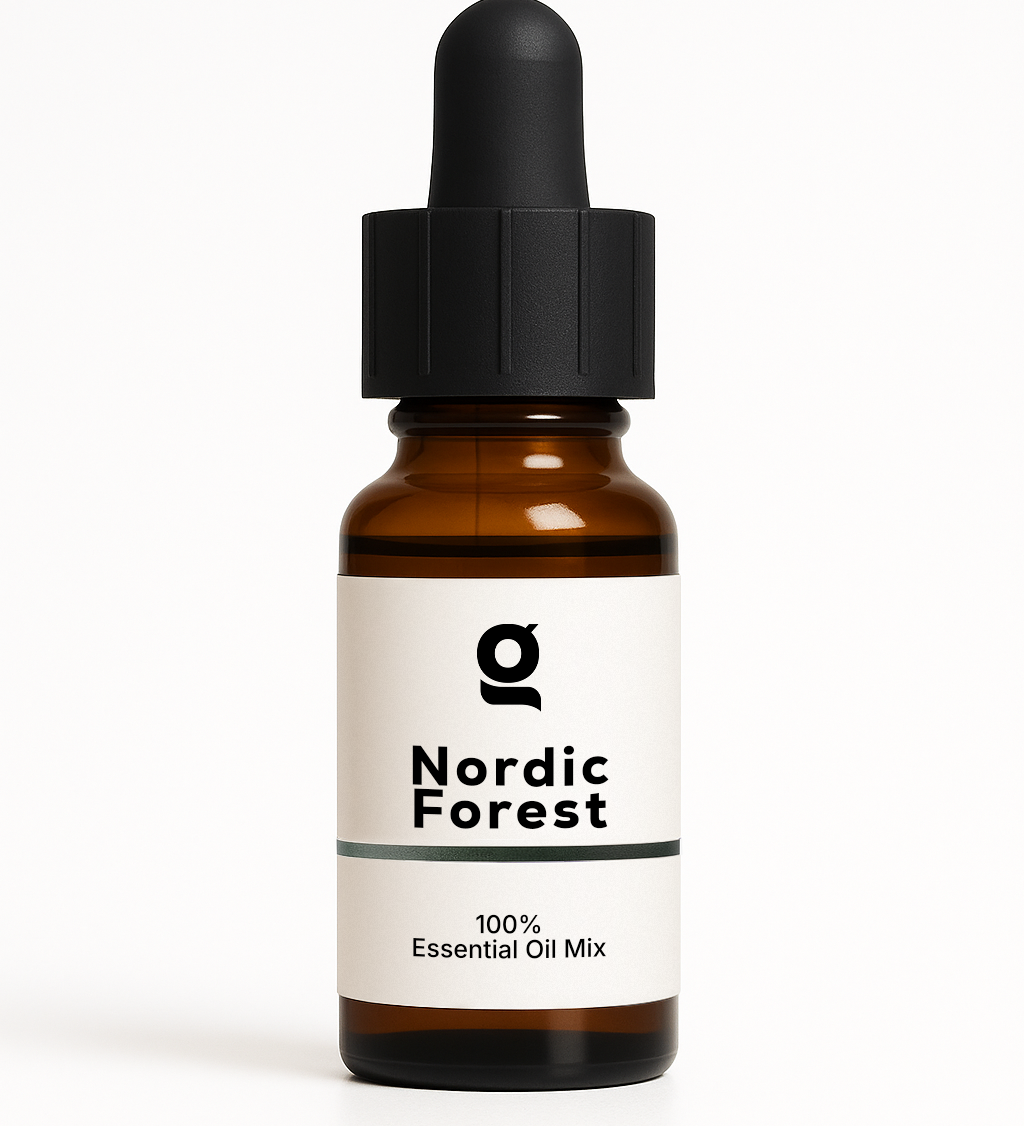 Fragrance Oil Nordic Forest 100% Essential Oil Mix in amber dropper bottle for personal care and aromatherapy use. Ideal for refreshing home scent.