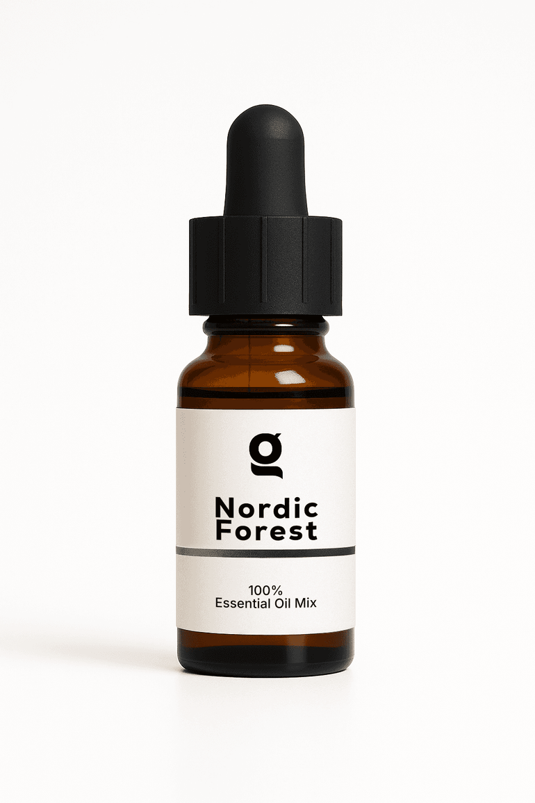 Fragrance Oil Nordic Forest 100% Essential Oil Mix in amber dropper bottle for personal care and aromatherapy use. Ideal for refreshing home scent.
