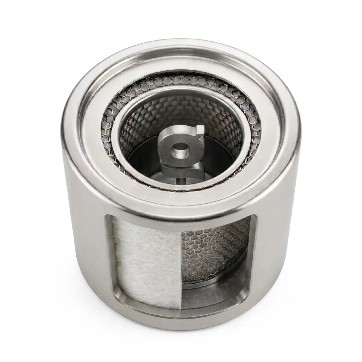glør burner, angled view showing the ceramic wool and the honeycomb mesh through the side window