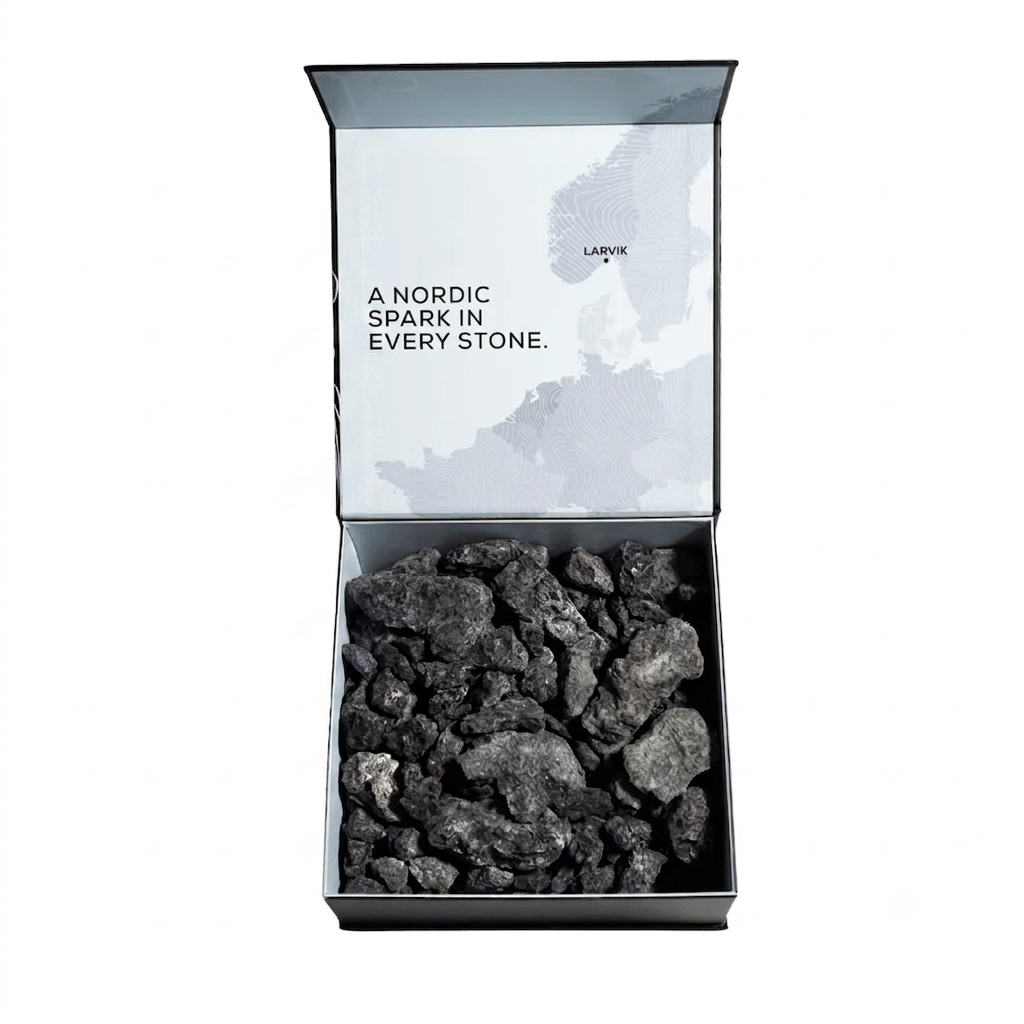glør Larvikite stone box, opened, filled with Norwegian Larvikite stones, lid printed with a map of Larvik